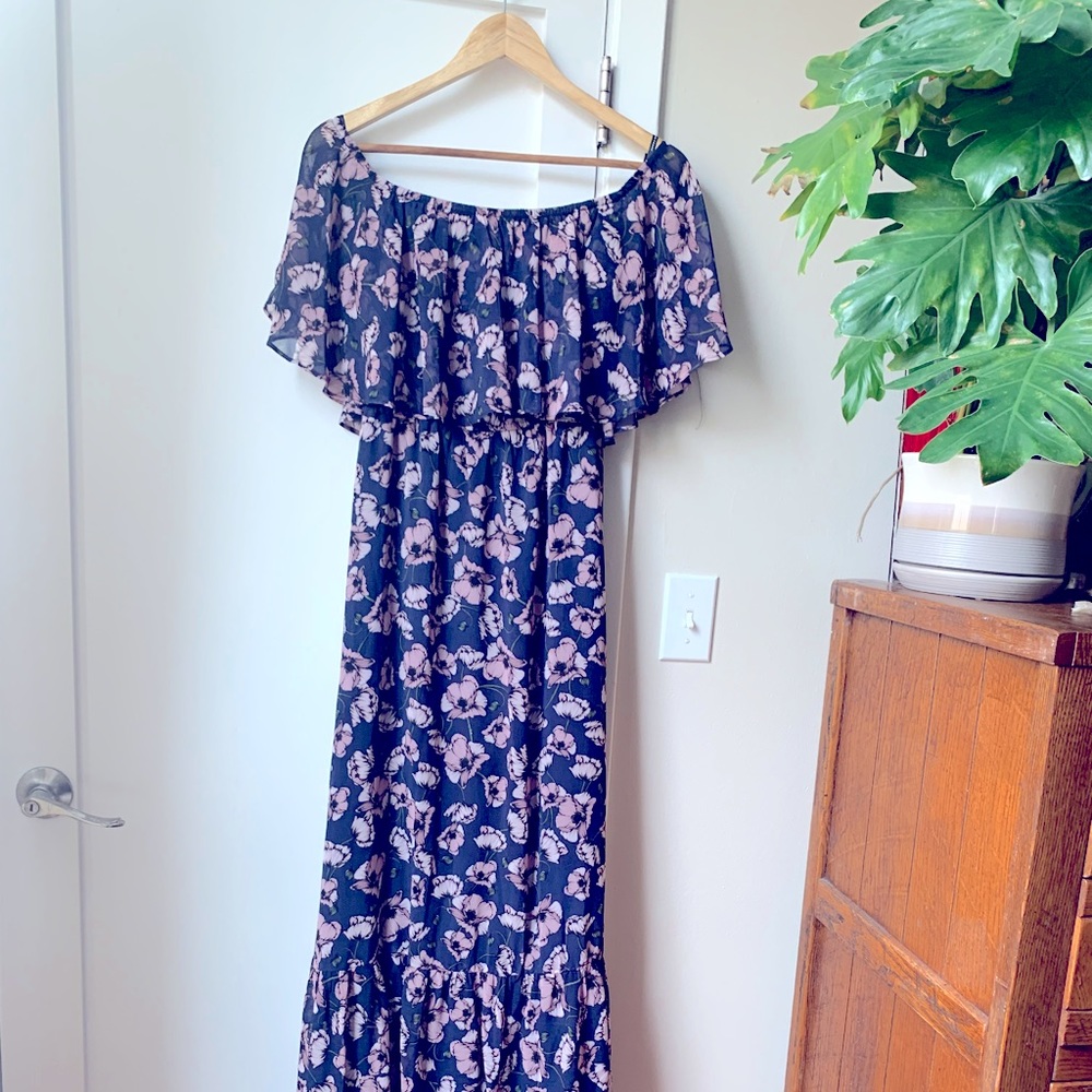 Anthropology purple off the shoulder floral dress